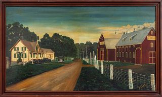 American Folk Art Farmstead Oil Painting, 1934
