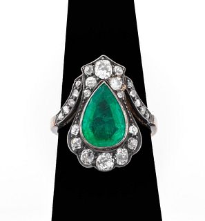 Antique 14K & Sterling Silver Emerald Diamond Ring