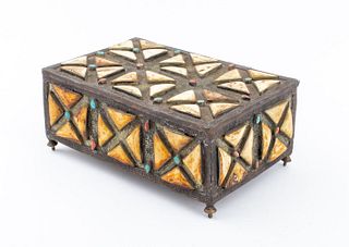 North African Bone, Coral, Turquoise Inlaid Casket