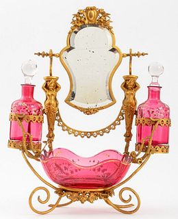 Victorian Ormolu & Enameled Rose Glass Toilet Set