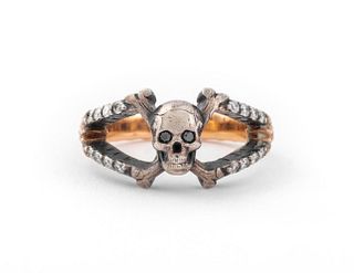 14K Rose Gold Sterling and Diamond Skull Ring