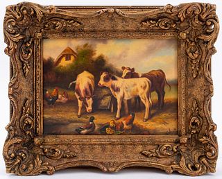 Reuben Hunt Cows & Poultry Landscape Oil on Panel