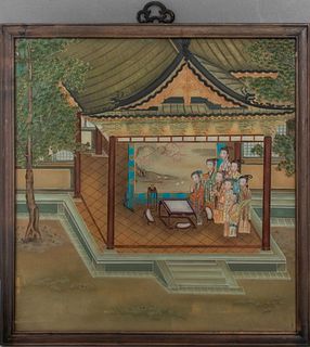 Chinese Eglomise Painting of Figures Playing Go