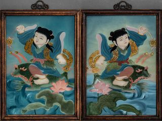 Chinese Eglomise Paintings of Moon Goddess, Pair