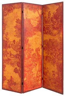 French Red Toile Manner Three Panel Screen