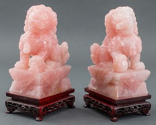 Chinese Pink Quartz Foo Lions on Stands, Pair