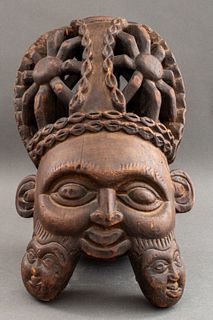 African Bamum Carved Wood Helmet Mask