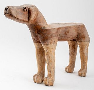 Americana Folk Art Carved Wood Dog Form Footstool
