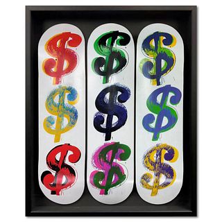 Warhol (1928-1987), "Dollar Sign (9), 1982" Framed Skateboard Triptych, Plate Signed with Certificate of Authenticity.