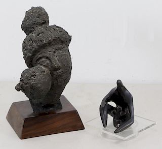 Two Signed Bronze Mother and Child Sculptures.
