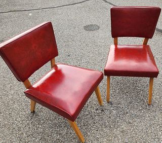 Pair of Great Looking Mid-Century Red Vinyl and Wood Low Profile Side Chairs
