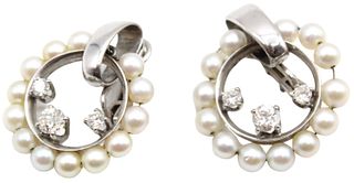 Vintage 14K Diamond & Pearl Clip Hoop Earrings