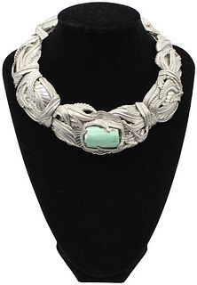 Silver Plated & Turquoise Leaf Pattern Choker