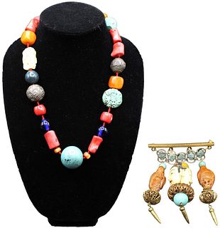 (2) Pieces Asian Jewelry, 1 Stone Necklace & 1 Pin
