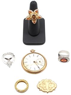 6 Pcs Pocket Watch, Costume Jewelry Rings AS IS
