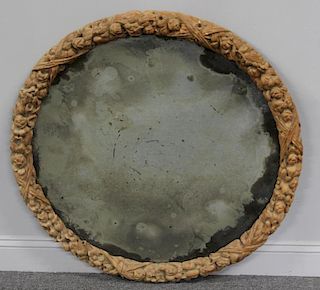 Finely Carved Wood Round Mirror.