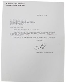 Letter Signed By Novelist Aleksandr Solzhenitysyn
