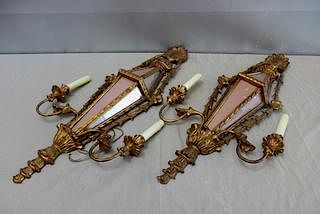 Pair of Italian Giltwood Sconces with Glass Panels