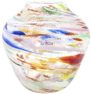 Signed, Hand Blown Colored Craquelure Glass Vase