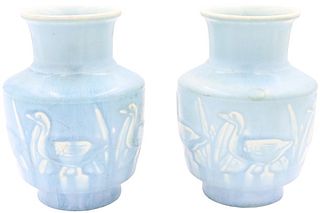 (2) Blue Rookwood Vases With Ducks