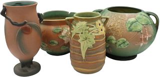 (2) Brown Roseville Vases & (2) Planters