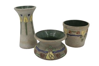 (3) Roseville Mostique Vases & Pot
