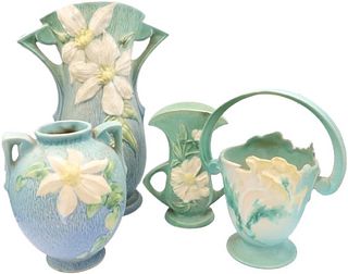 (3) Roseville Clematis Vases & Poppy Basket