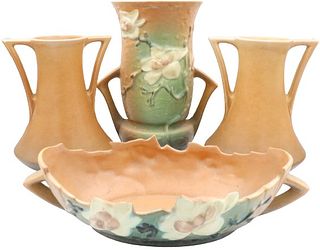 (3) Brown Roseville Vases & Bowl