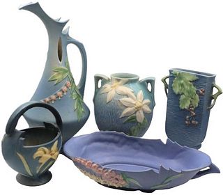 (3) Blue Roseville Vases, Pitcher, Console Bowl