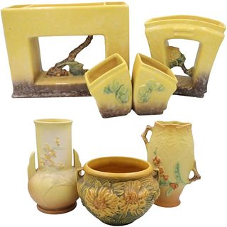 (6) Yellow Roseville Vases & Planter