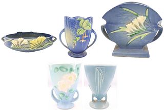 (5) Roseville Blue Vases & Console Bowl