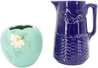 Weller Green Vase and Royal Blue Glazed Pitcher