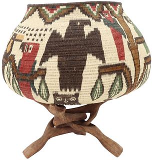 Panamanian Woven Basket On Stand, Palm On Wood