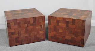 Midcentury Pair of Patchwork Cube End Tables.