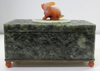 Asian Carved Jade and Carnelian Footed Box.