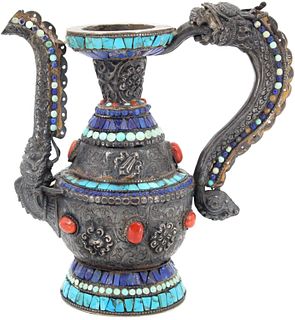 Nepalese Silver Dragon Ewer with Stone & Turqoise