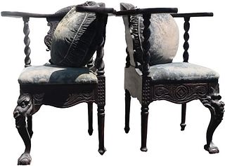 19C Pair of Hand Carved Corner Chairs