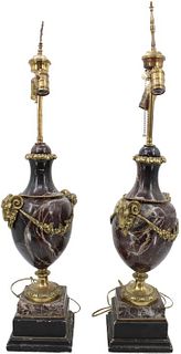 Pair Neoclassical Marble & Bronze Urn Table Lamps