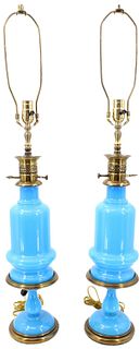 Pair of Paul Hanson Blue Opaline Lamps