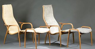 2 Yngve Ekstrom Lamino lounge chairs w/ottomans.