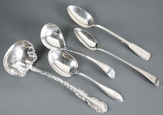 5 Silver serving spoons. 20th century.