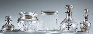 5 silver & glass perfume bottles & containers.