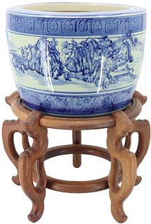 Chinese Blue & White Planter Pot & Stand