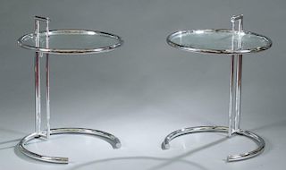 Pair Eileen Gray chrome & glass round side tables.