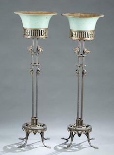 Pair of metal urns / plant stands.