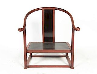 A Red Lacquer Horseshoe Back Armchair, Height 33 x width 30 1/4 inches.