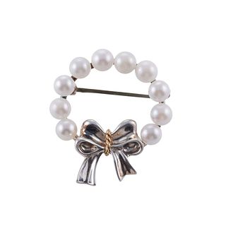 Tiffany & Co Silver 18k Gold Pearl Bow Brooch Pin