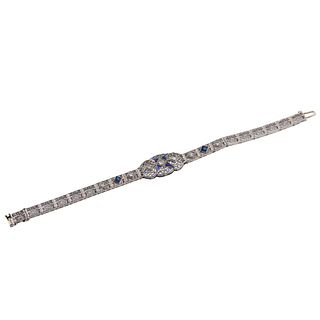 Art Deco Filigree 14k Gold Diamond Sapphire Bracelet