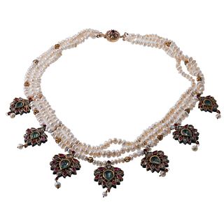 Indian Mughal Gold Enamel Pearl Diamond Ruby Necklace