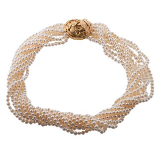 David Webb 18k Gold Multi Strand Pearl Necklace 